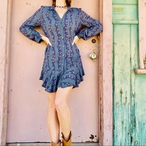 Free People purple floral long-sleeve flouncy dark-gray button-up shirt dress